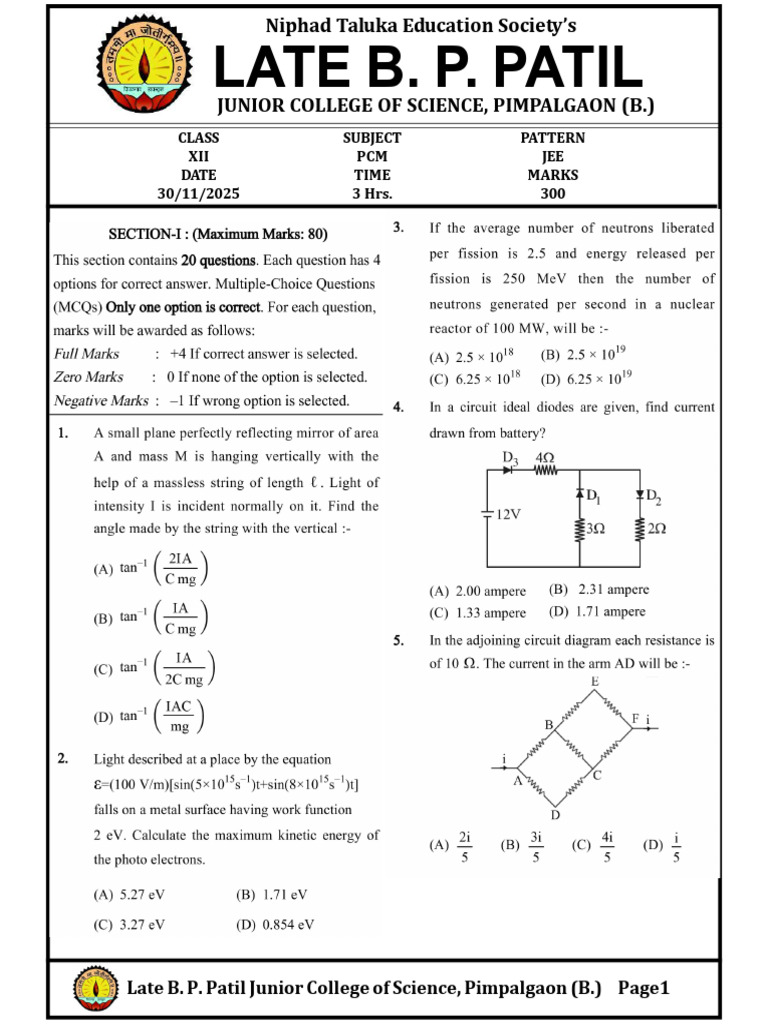 Major Test Jee Spark 30 Nov | PDF