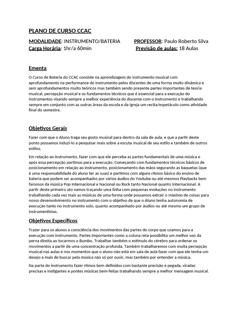 Curso de Bateria CCAC: Aprendizado Dinâmico | PDF | Bateria ...
