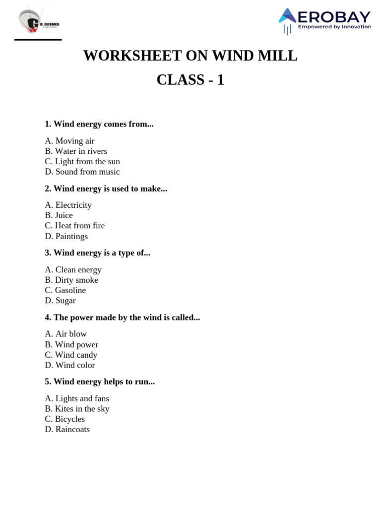 Wind Energy Worksheet for Class 1 | PDF