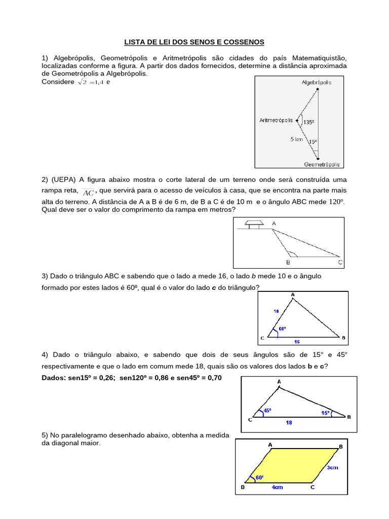 Lei dos Senos e Cossenos: Exercícios Resolvidos | PDF | Triângulo ...