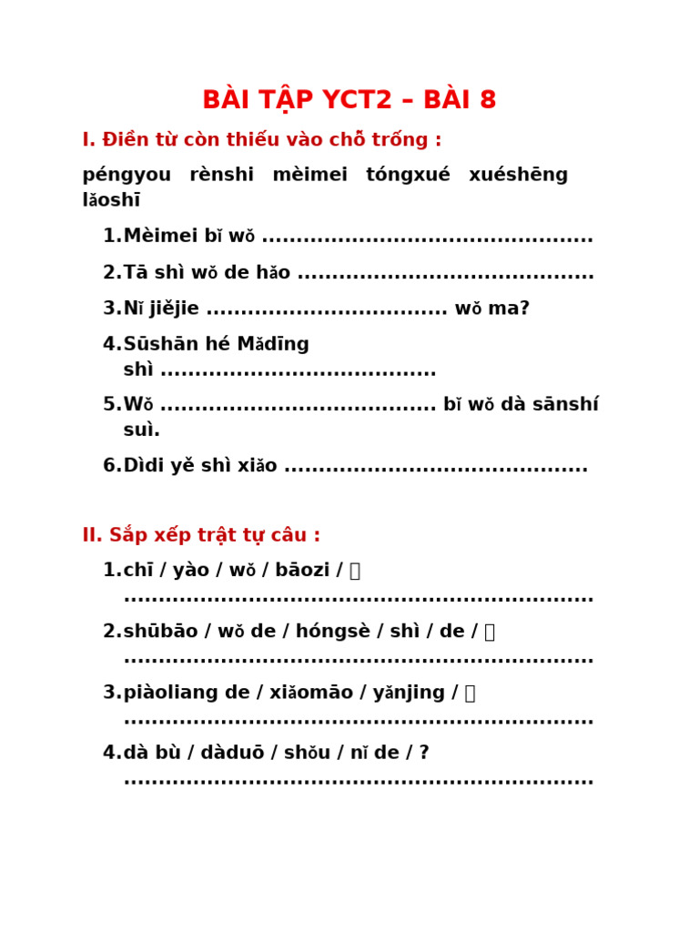 BÀI TẬP YCT2 | PDF