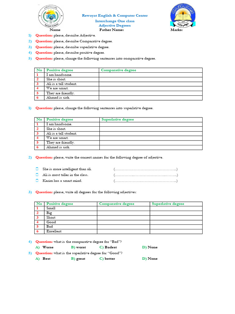 Adjective Degrees Exam | PDF