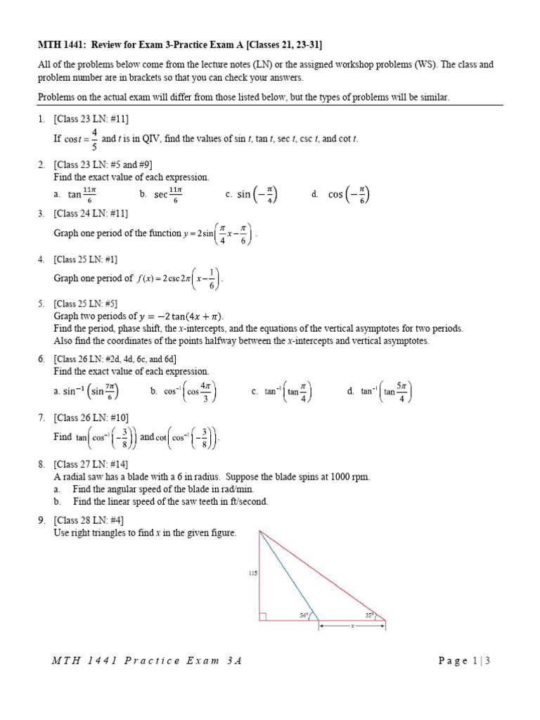 MTH 1441 Exam 3 Practice Problems | PDF