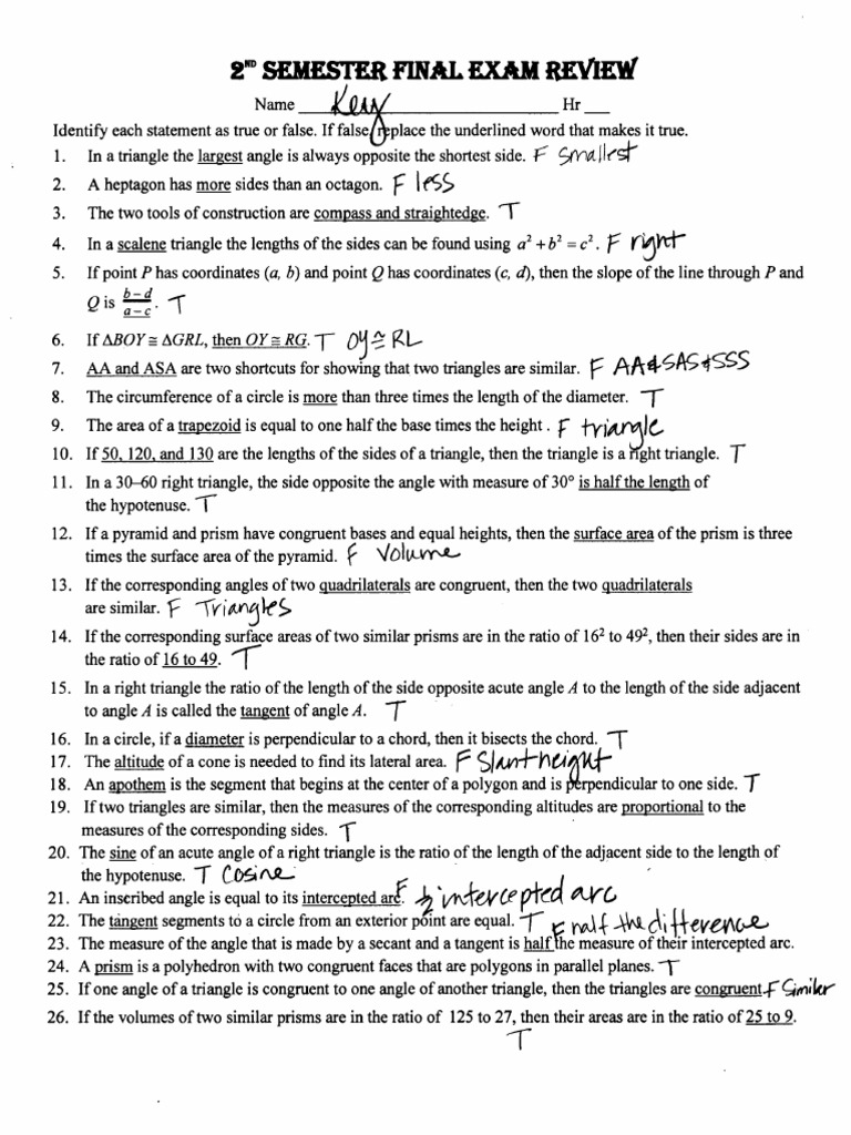Semester Final Exam Review Guide | PDF | Area | Triangle