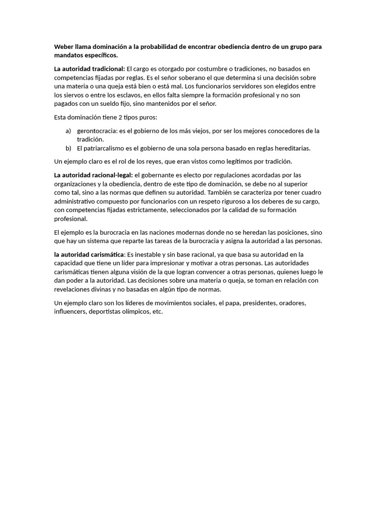 Tipos de autoridad según Weber | PDF