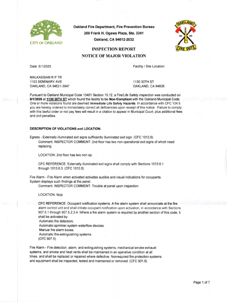 Fire Dept-Inspection Report Notice of Major Violation-1130 30th | PDF