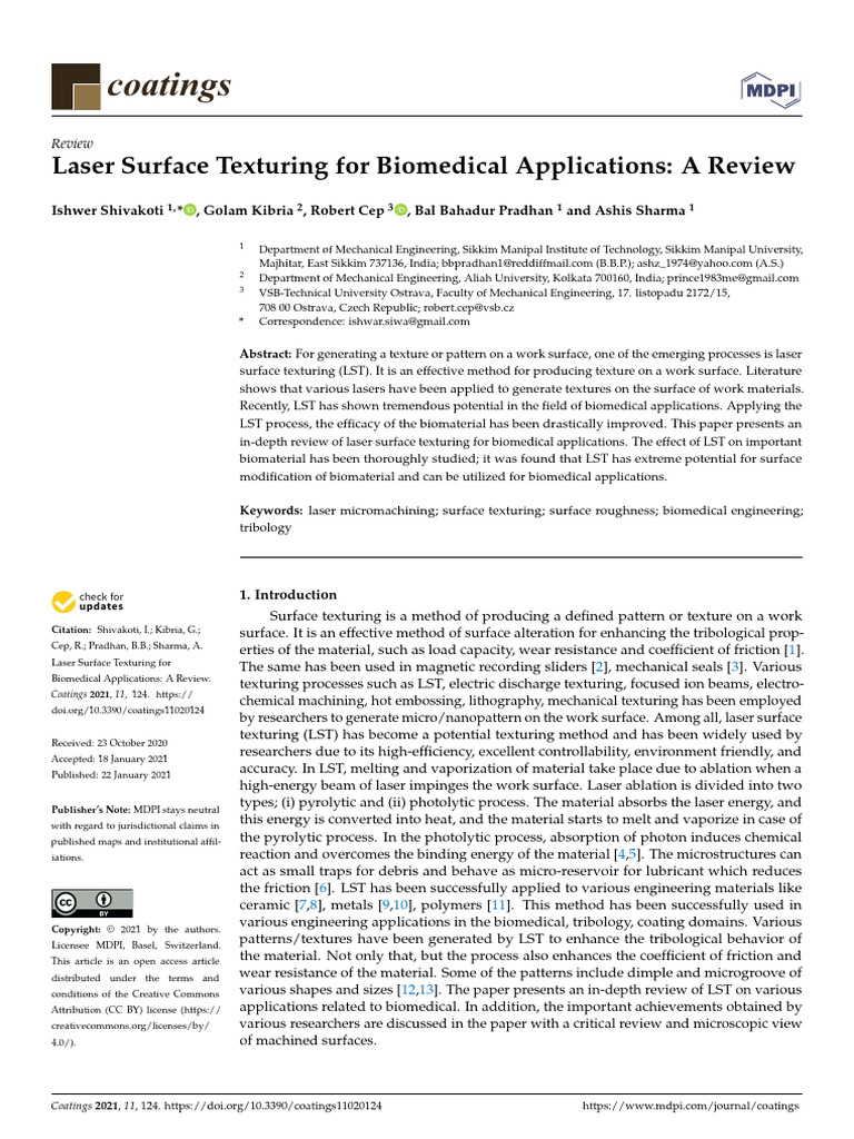 Laser Surface Texturing For Biomedical Applications: A Review | PDF ...
