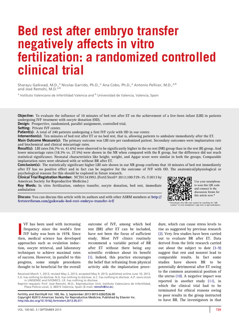 Impact of Bed Rest on IVF Success Rates | PDF | In Vitro Fertilisation ...