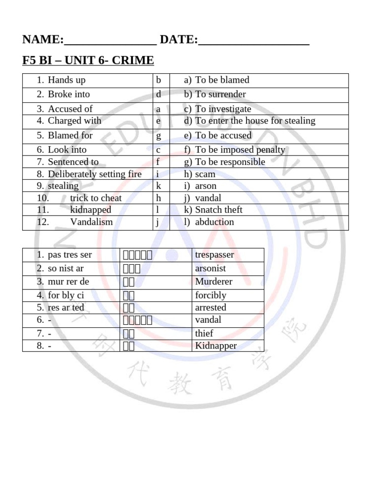 Crime Vocabulary and Definitions Guide | PDF