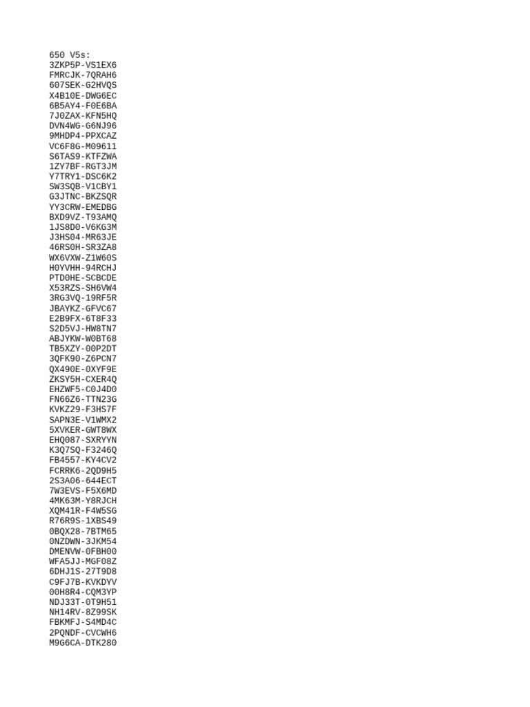650 V5s Unique Code List | PDF