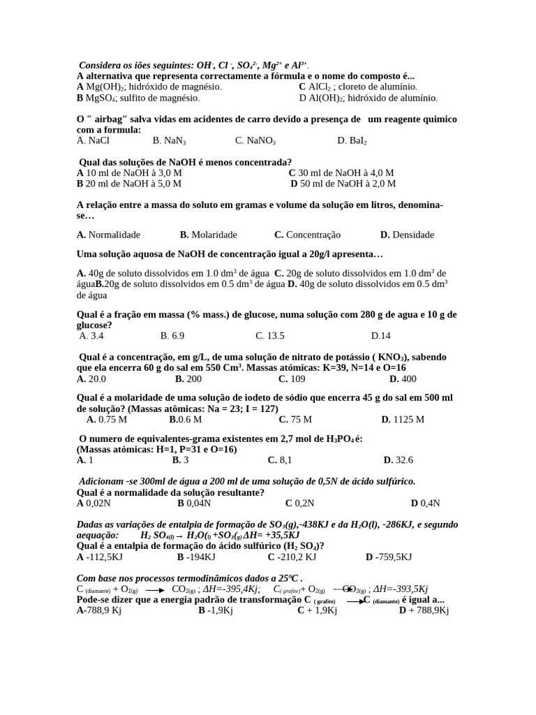 Questões de Química e Soluções Químicas | PDF | Concentração ...