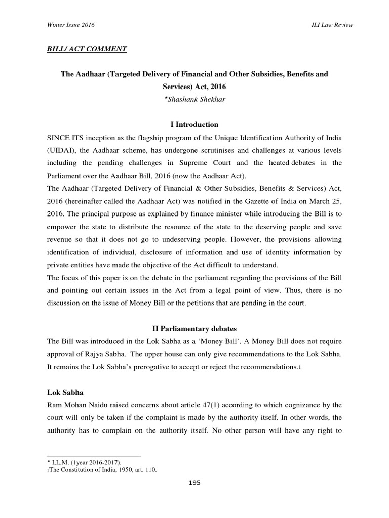 Analysis of Aadhaar Act 2016 Issues | PDF | Government | Governance