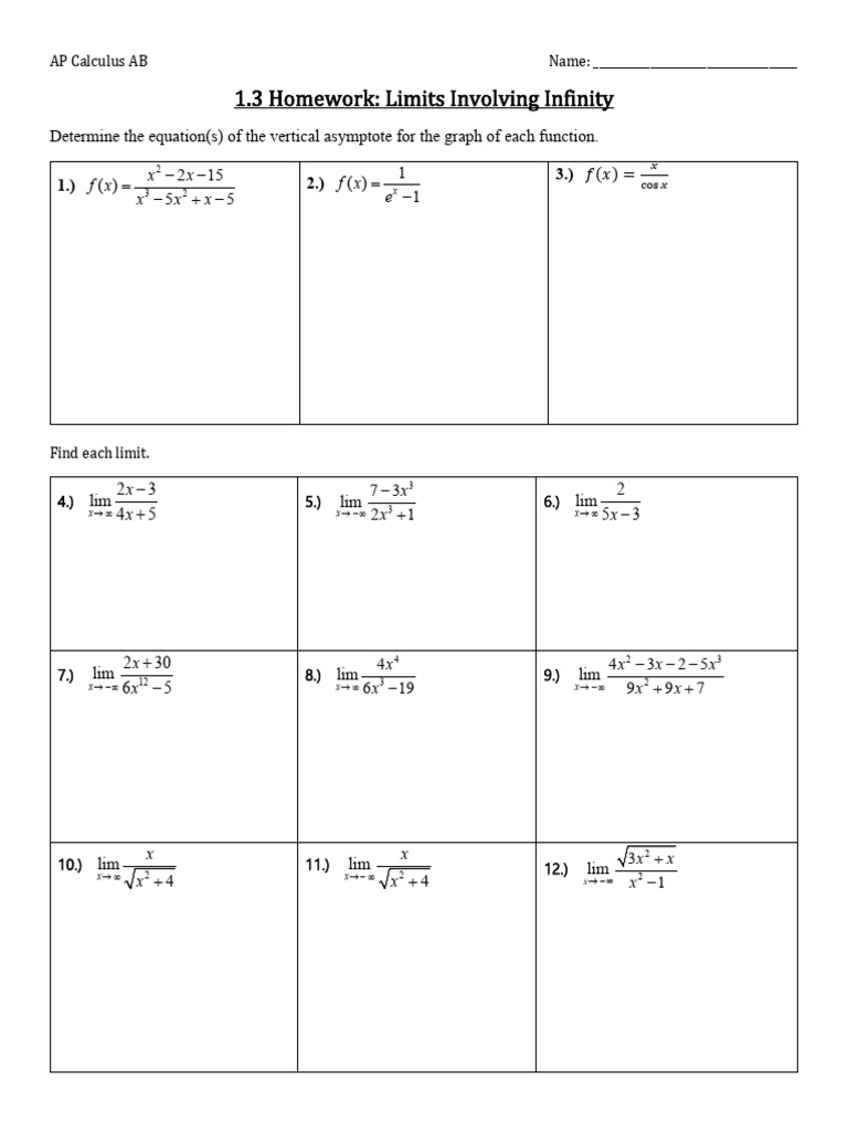 1.3 Homework - Limits Involving Infinity | PDF | Asymptote | Chess Openings