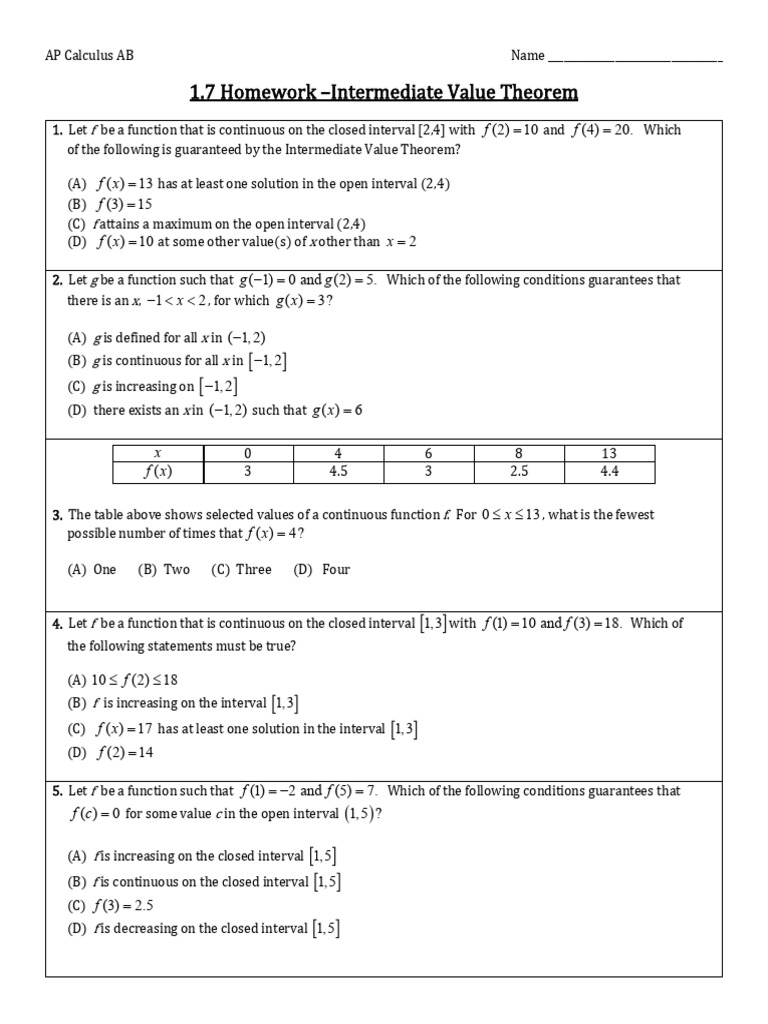 AP Calculus AB: Intermediate Value Theorem | PDF | Mathematical ...