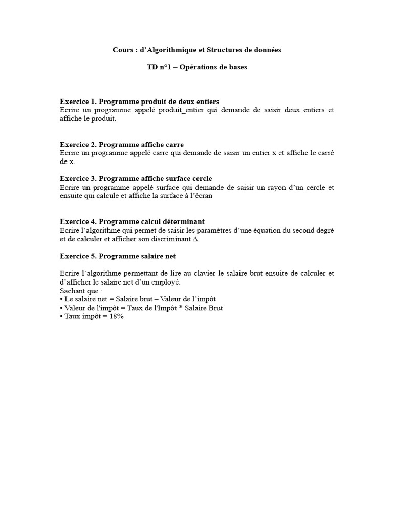 Cours d'Algorithmique : Exercices de Base | PDF