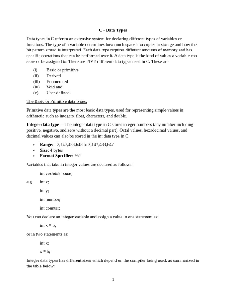 C Programming Data Types Explained | PDF | Boolean Data Type | Integer ...