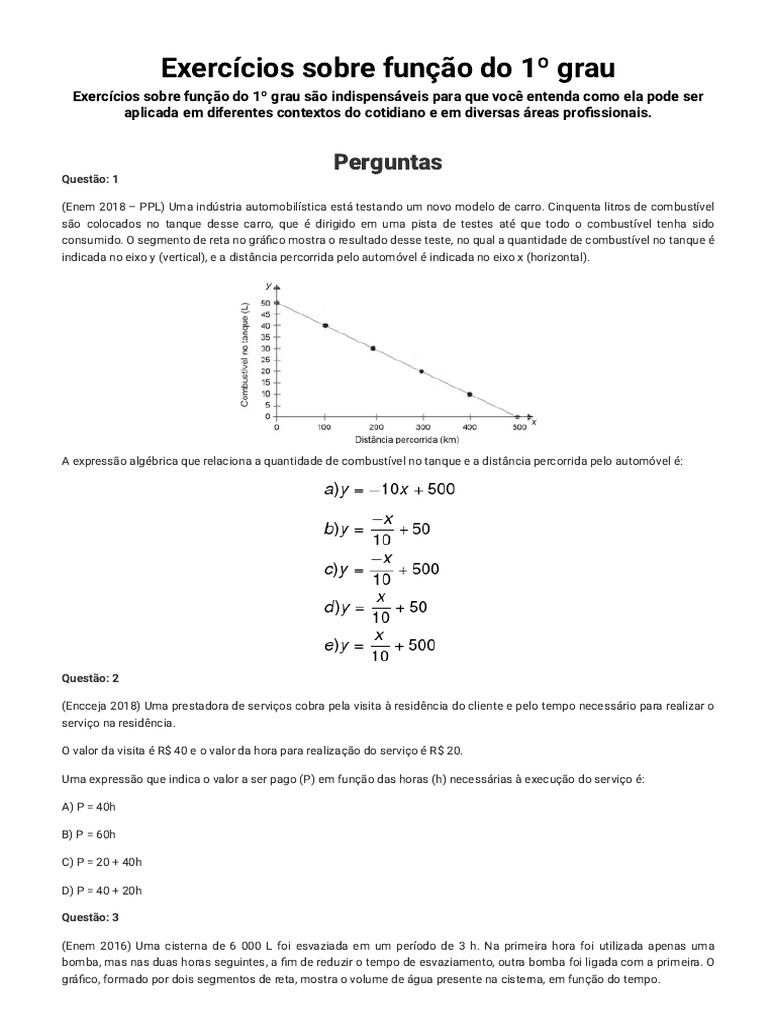 Exercícios de Função do 1º Grau | PDF | Carro | Função (Matemática)