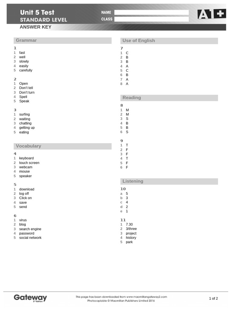 A1+ UNIT 5 Test Answer Key Standard | PDF | Human Communication ...