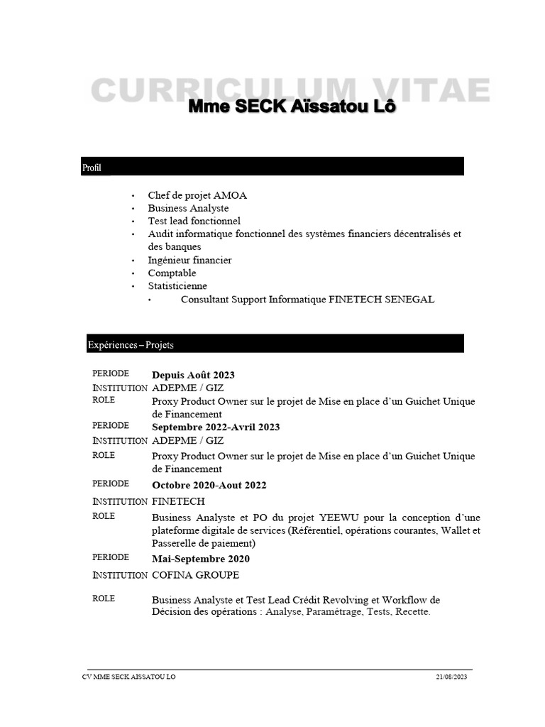 CV de Mme Seck Aissatou Lo - Expert en AMOA | PDF | Informatique ...