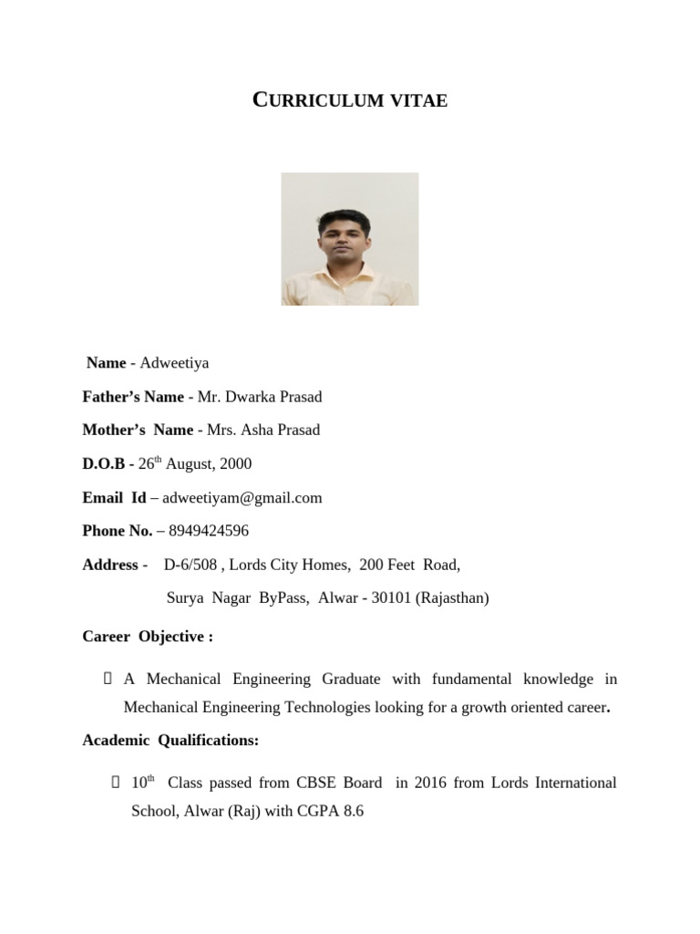 Mechanical Engineer CV of Adweetiya | PDF