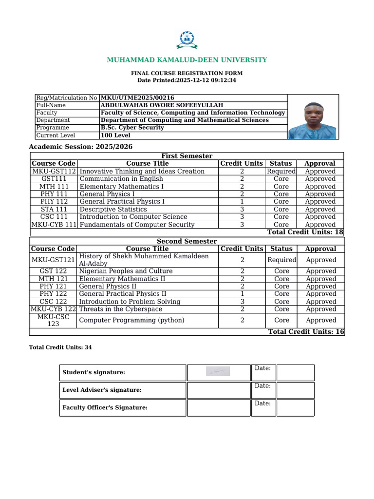 Courseregistrationform Sofeeyullah Mku Utme2025 00216 2025 2026 | PDF ...