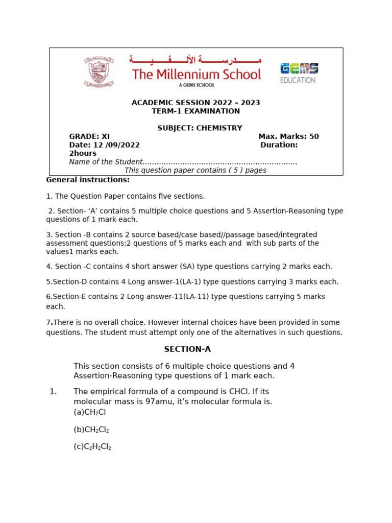 Grade XI Chemistry Term-1 Exam Paper | PDF | Redox | Chemical Elements