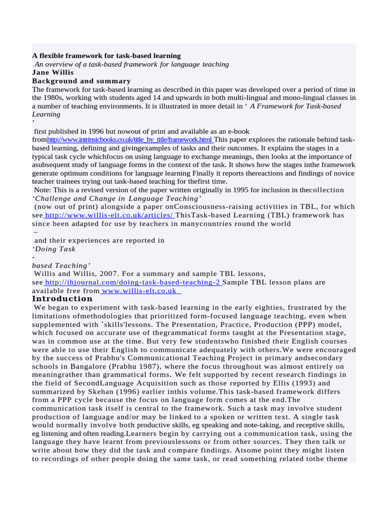 Task-Based Learning Framework Overview | PDF | Second Language ...
