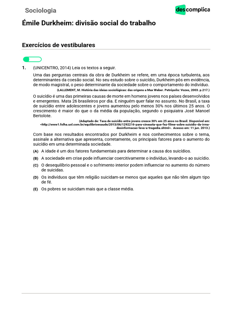 Vod Exercicios Sobre Emile Durkheim Divisao Social Do Trabalho 27443 ...
