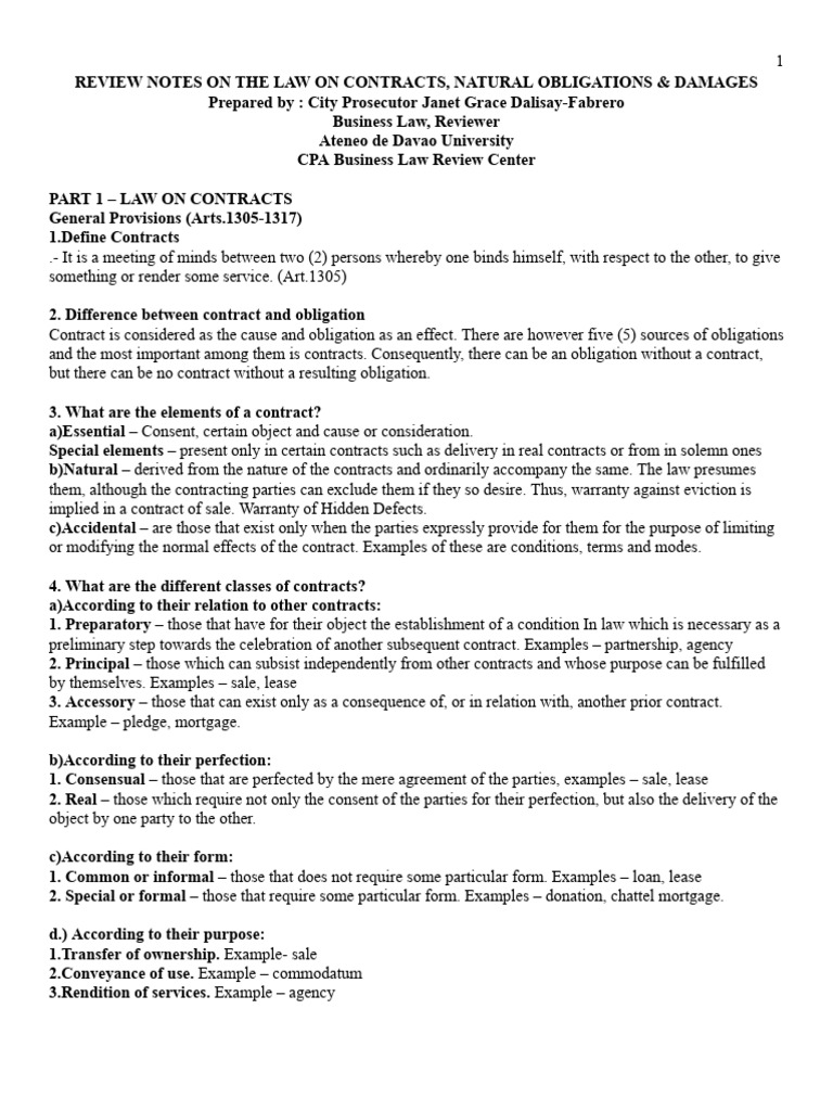 Law on Contracts and Obligations Review | PDF | Offer And Acceptance ...