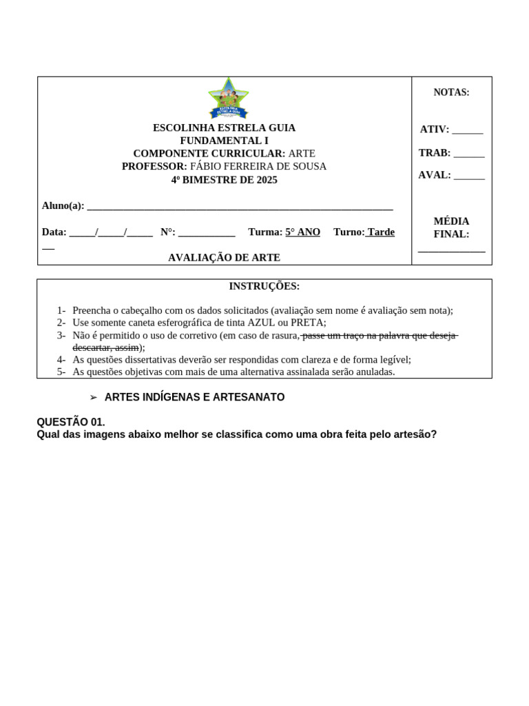 Avaliação de Arte - 5º Ano Tarde | PDF | As artes