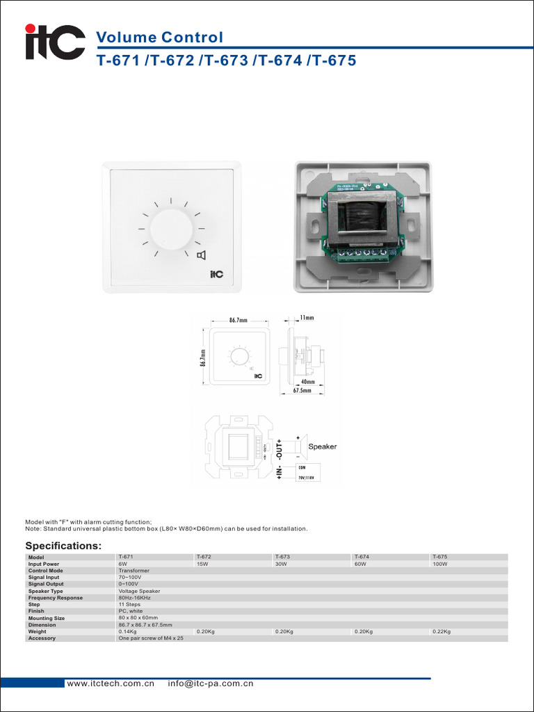 Volume Control Specifications for Models T-671 to T-675 | PDF