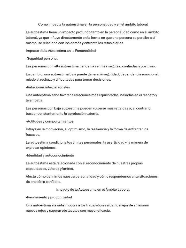 Autoestima: Clave en Personalidad y Trabajo | PDF | Autoestima | Las ...