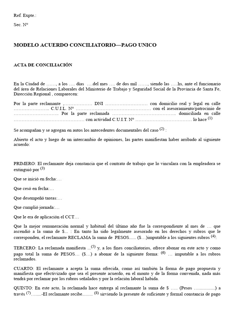 Modelo Acuerdo Conciliatorio Pago Unico | PDF | Cheque | Derecho laboral