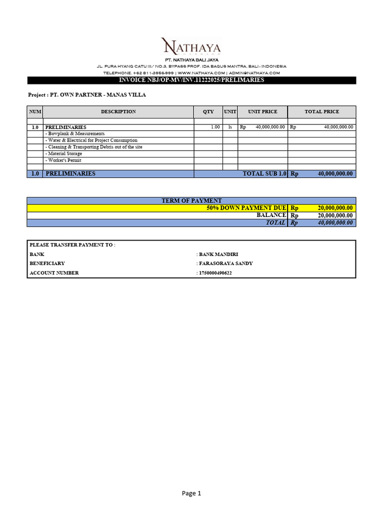 PT. OWN PARTNER Manas Villa Invoice | PDF