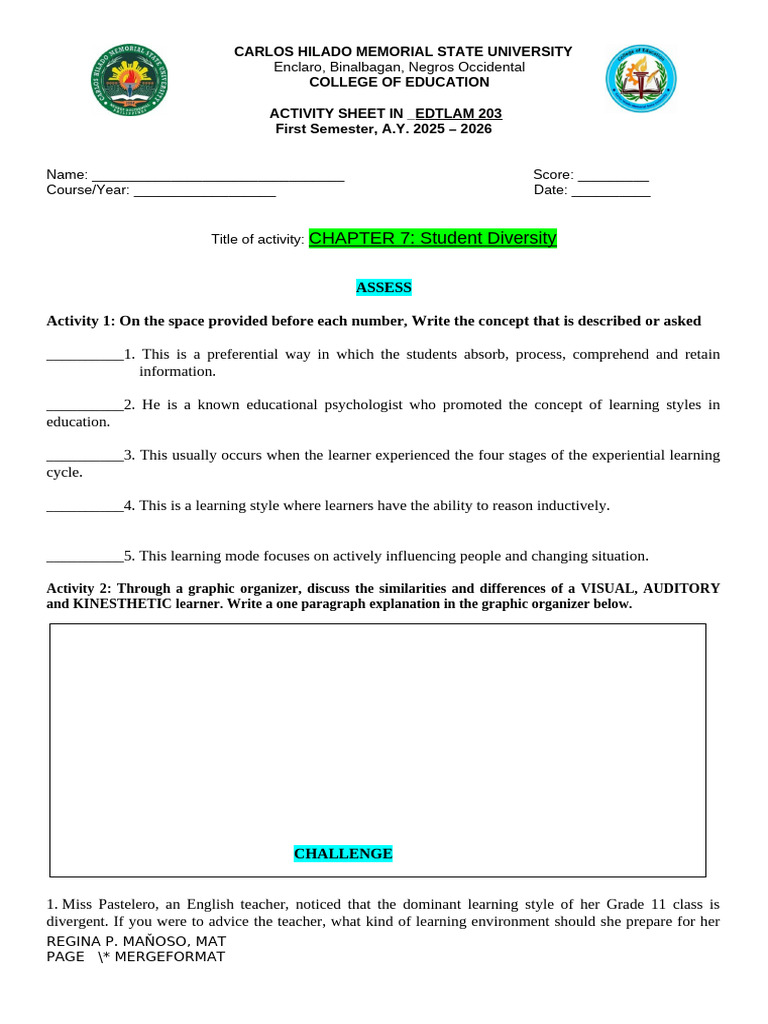 CHAP-7-ASSESS-1 | PDF | Learning Styles | Learning