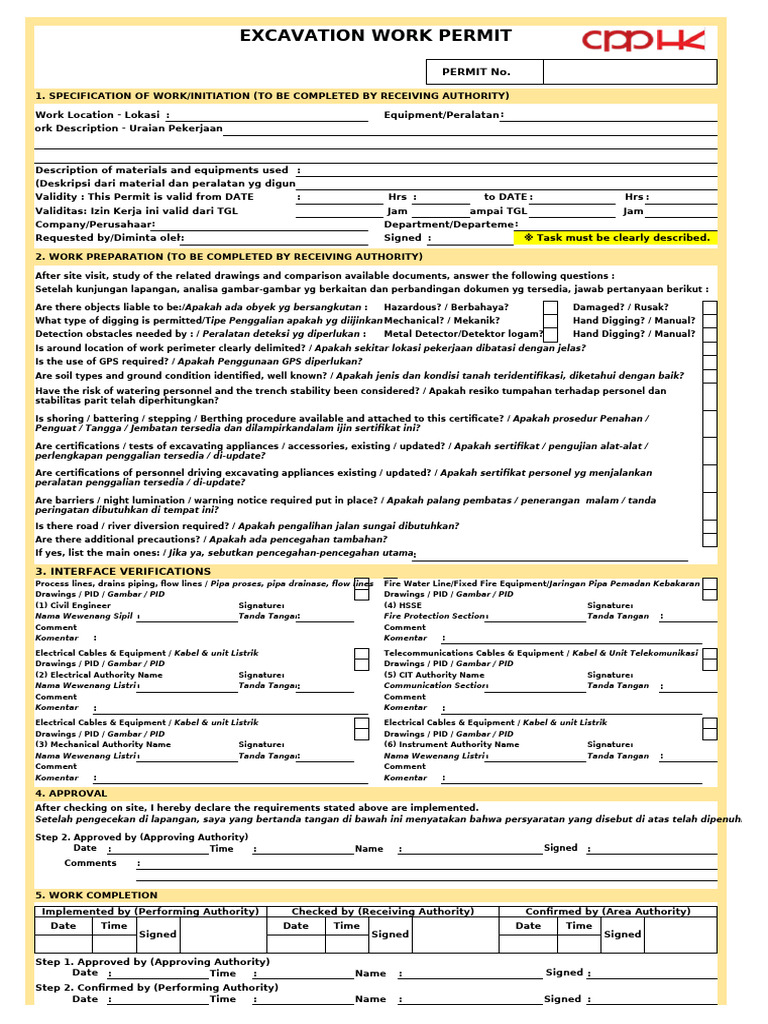 Excavation Work Permit Template | PDF