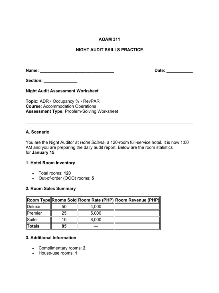 zzzNight-Audit-Assessment-Worksheet | PDF | Debit Card | Debits And Credits