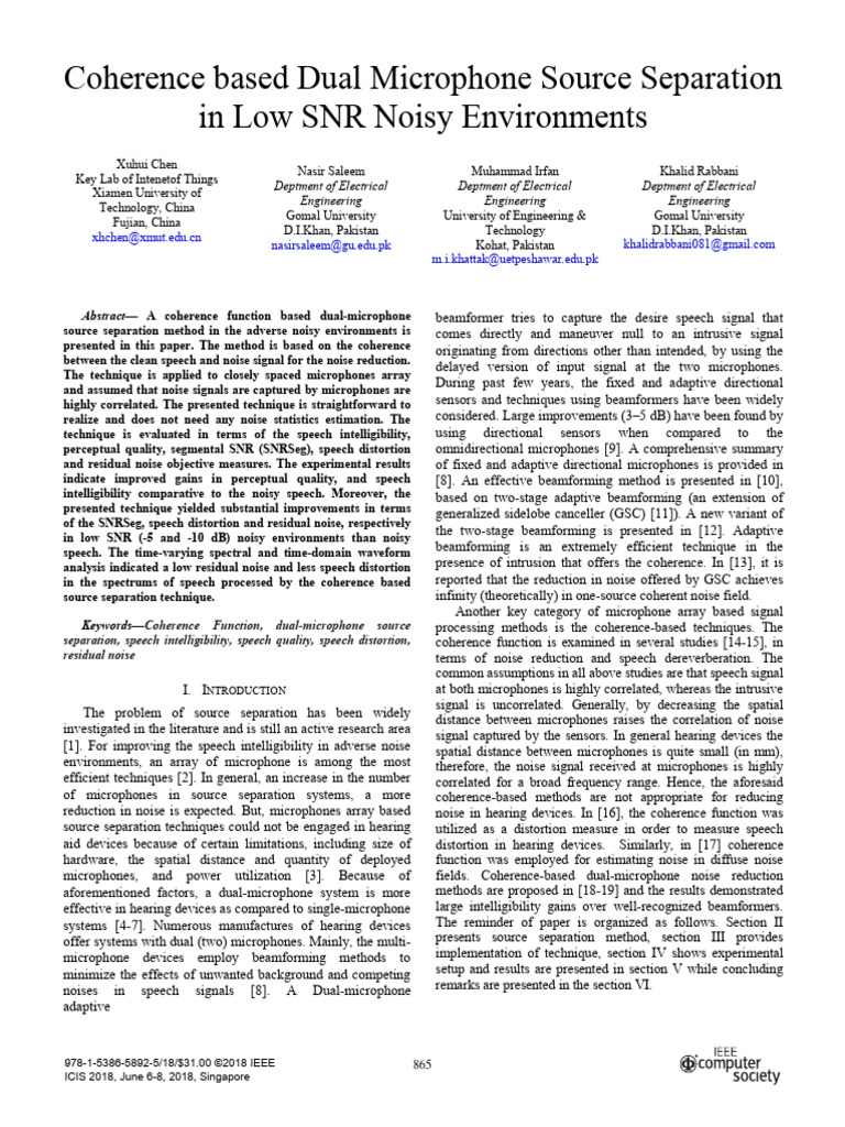 Coherence Based Dual Microphone Source Separation in Low SNR Noisy ...
