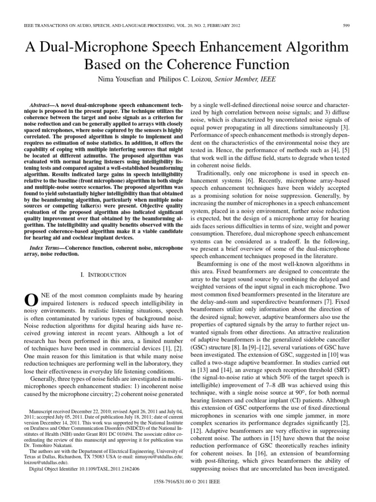 Dual-Microphone Speech Enhancement Algorithm | PDF | Signal To Noise ...