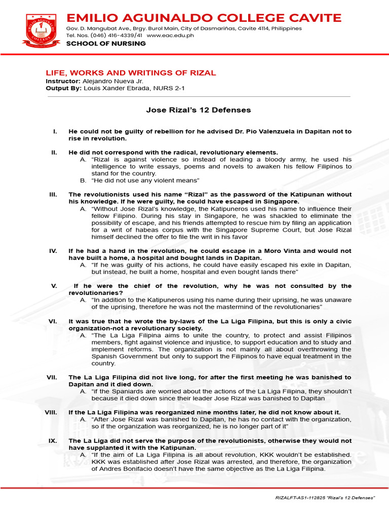 Rizal's 12 Defenses Explained | PDF | Spanish East Indies | Philippines