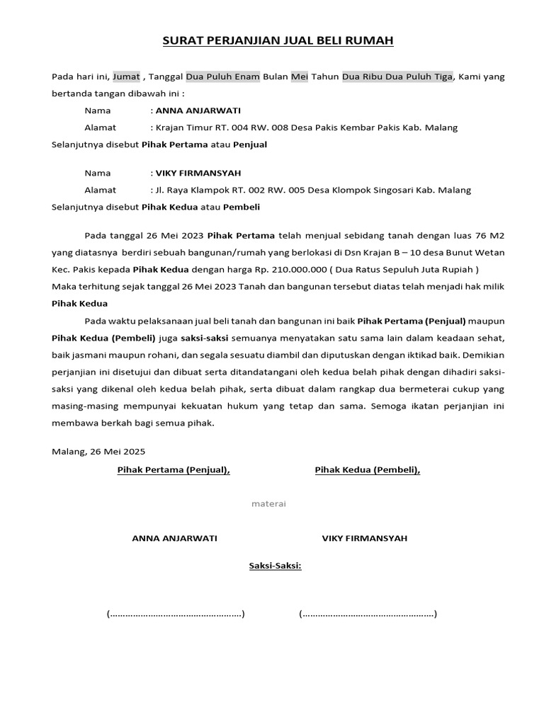 Surat Perjanjian Jual Beli Rumah Malang | PDF