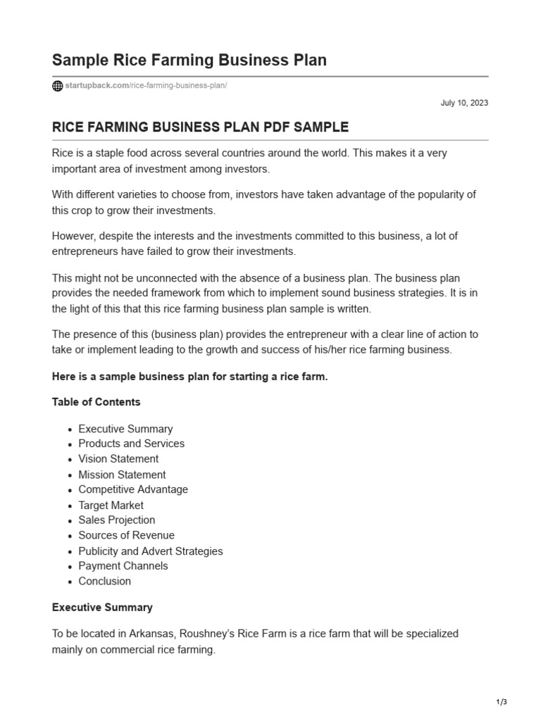 Rice Farming Business Plan Sample | PDF | Rice | Agriculture