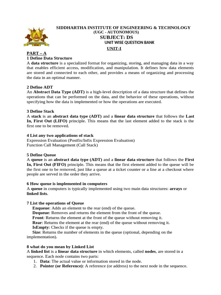 DS Unit Wise Important Questions-Key | PDF | Queue (Abstract Data Type ...