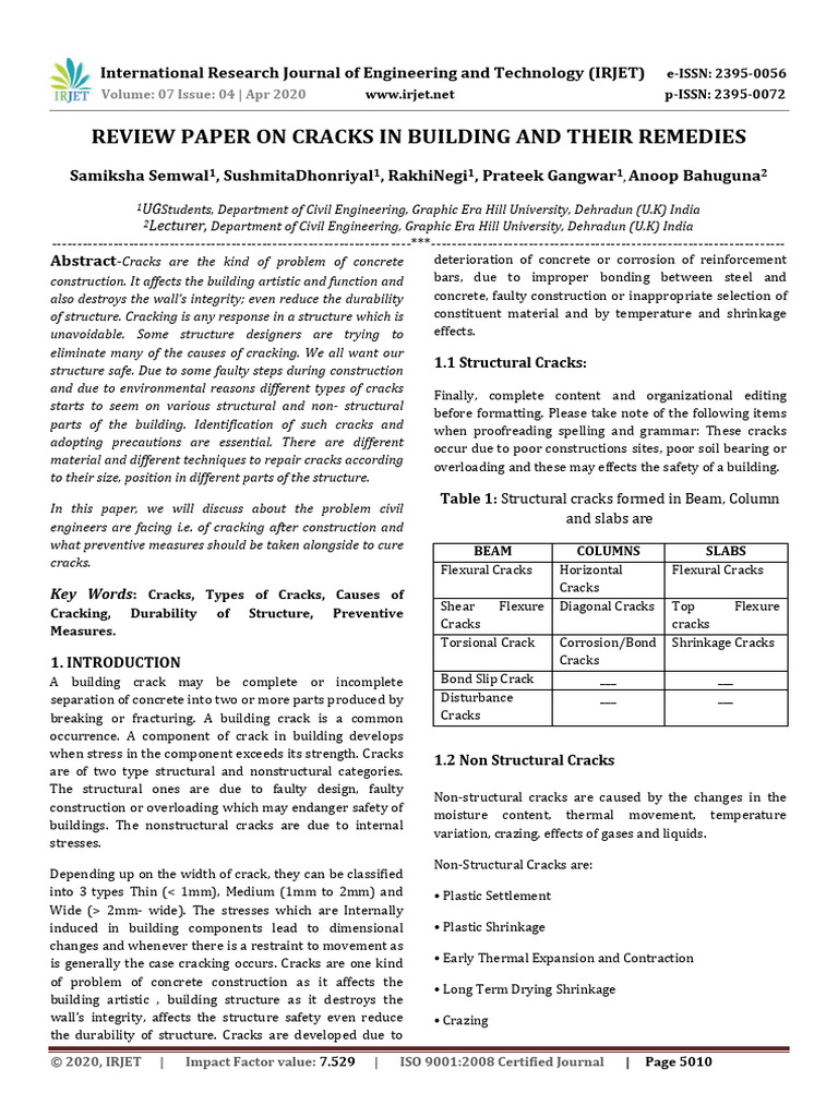Irjet Review Paper On Cracks in Building | PDF | Concrete | Fracture