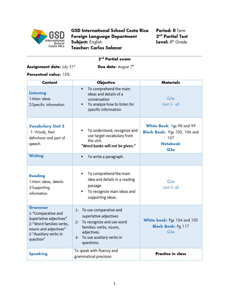 English 8th Grade 2nd Partial II Term Test Topics | PDF | Adjective | Verb