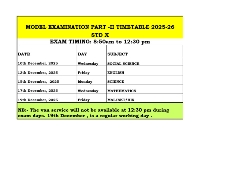 STD X Model Exam Timetable 2025-26 | PDF