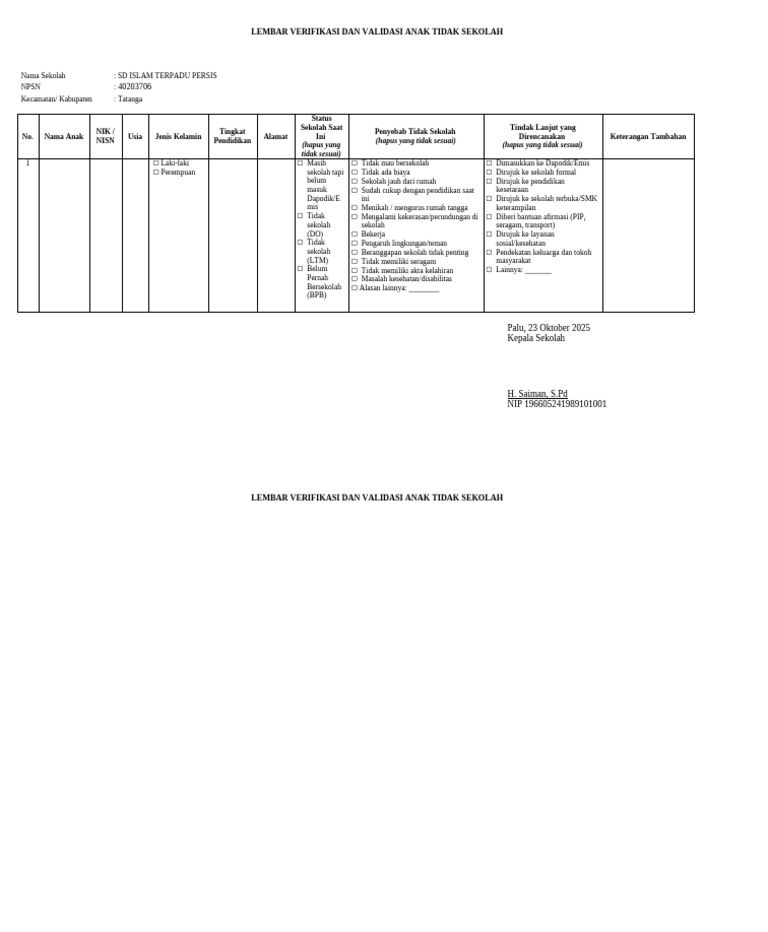 Verifikasi Anak Tidak Sekolah SDIT | PDF
