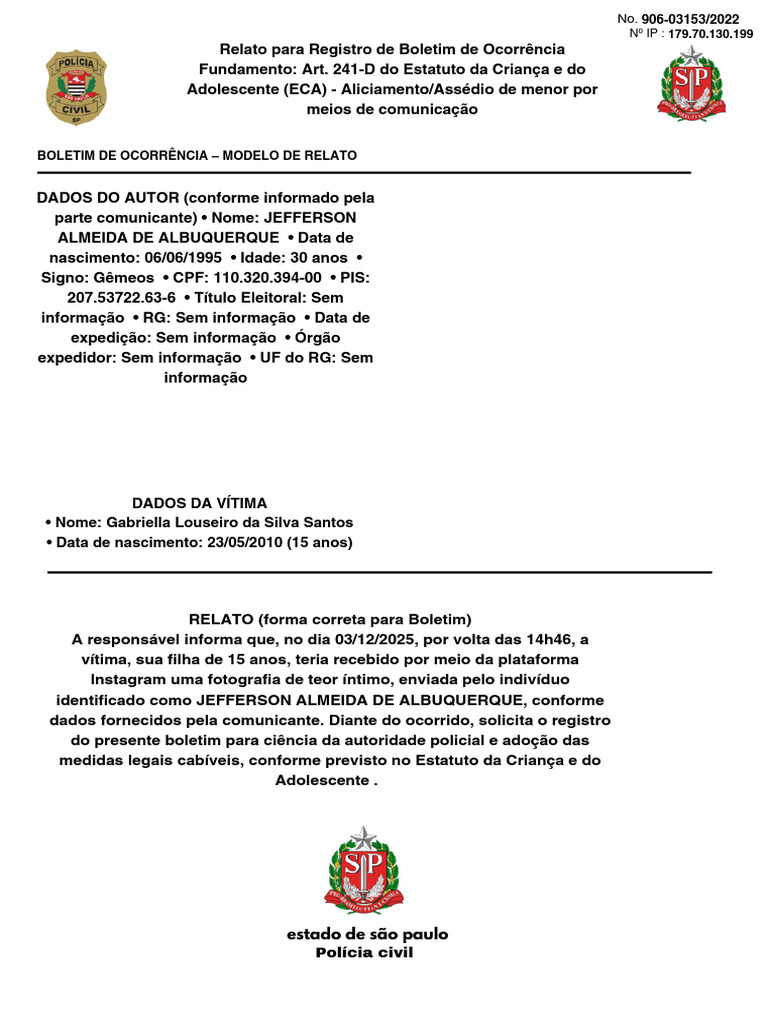 Modelo de Boletim de Ocorrência ECA | PDF
