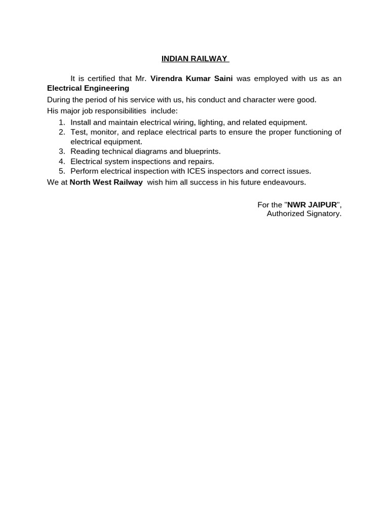 Employment Certificate for Electrical Engineer | PDF