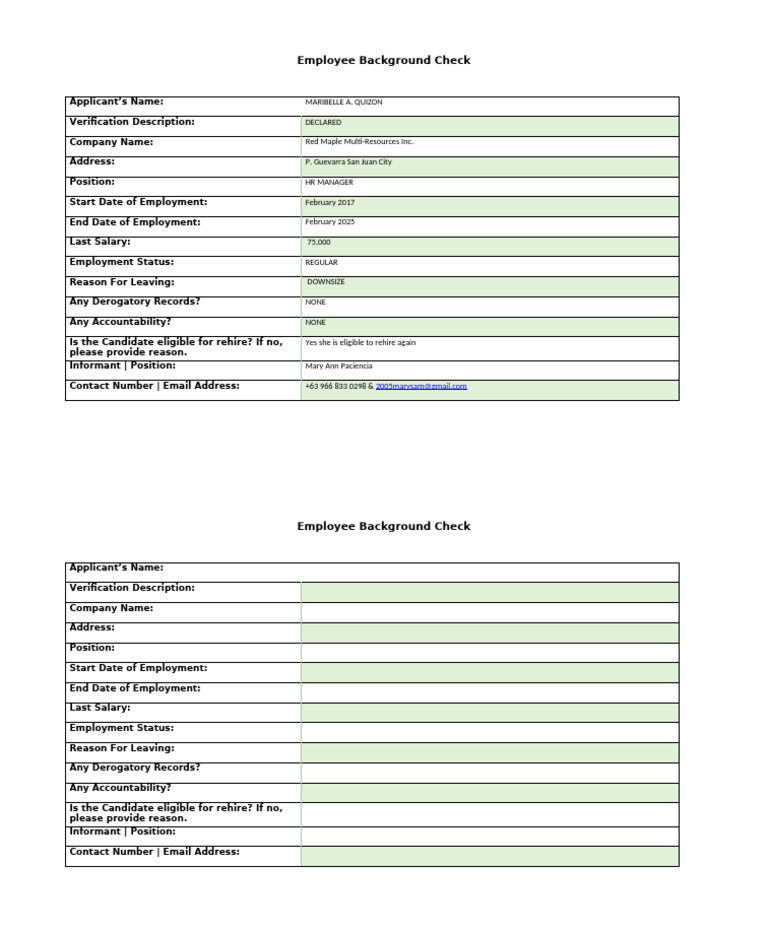 Employee Background Check for Maribelle Quizon | PDF